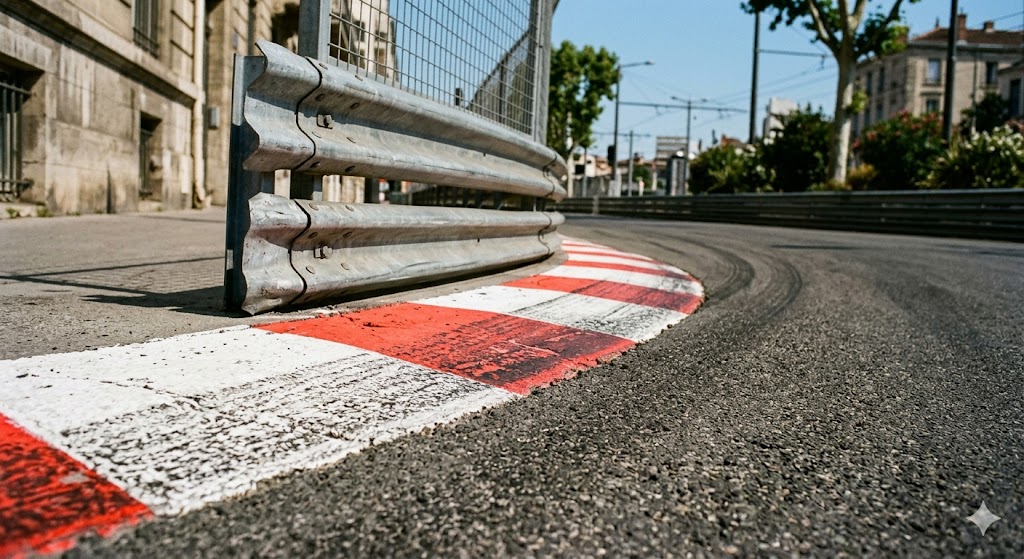 Particolare dell'asfalto e del cordolo bianco e rosso di una curva del circuito cittadino di Monaco.