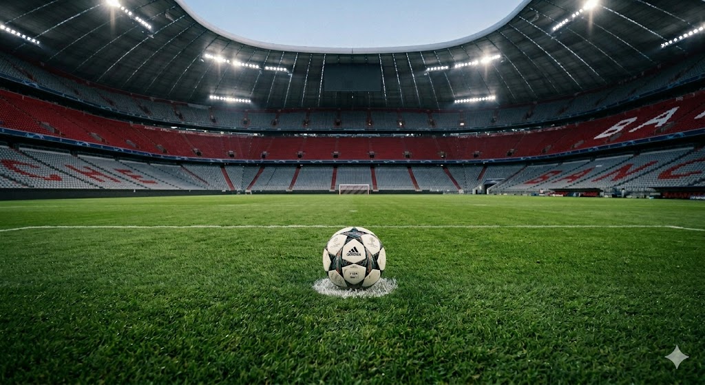 Pallone da calcio sul dischetto del rigore illuminato dai riflettori in uno stadio, pronto per la finale degli Europei Under 17.