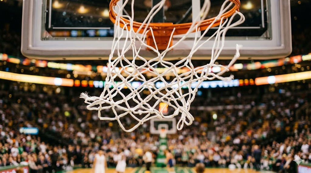 La retina bianca di un canestro da basket che si muove dopo un canestro appena segnato durante Gara 2 della Finale Playoff.