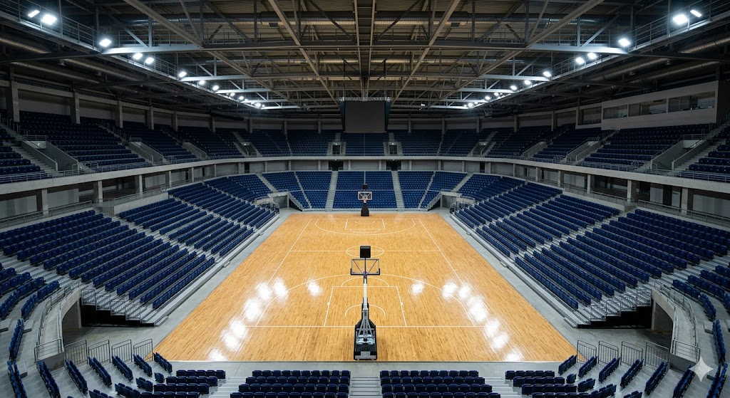 Dettaglio del parquet lucido e delle linee di un campo da basket professionistico all'interno di un palasport illuminato prima di Gara 3 fra Venezia e Virtus Bologna