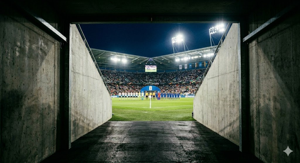 Scatto prospettico dall'interno di un buio tunnel degli spogliatoi calcistici che guarda verso il campo in erba, illuminato a giorno dai riflettori, prima di Germania - Curacao ai mondiali 2026.