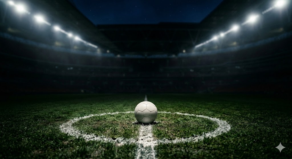 Pallone da calcio a centrocampo sotto le luci dei riflettori in uno stadio notturno prima di Italia - Grecia.