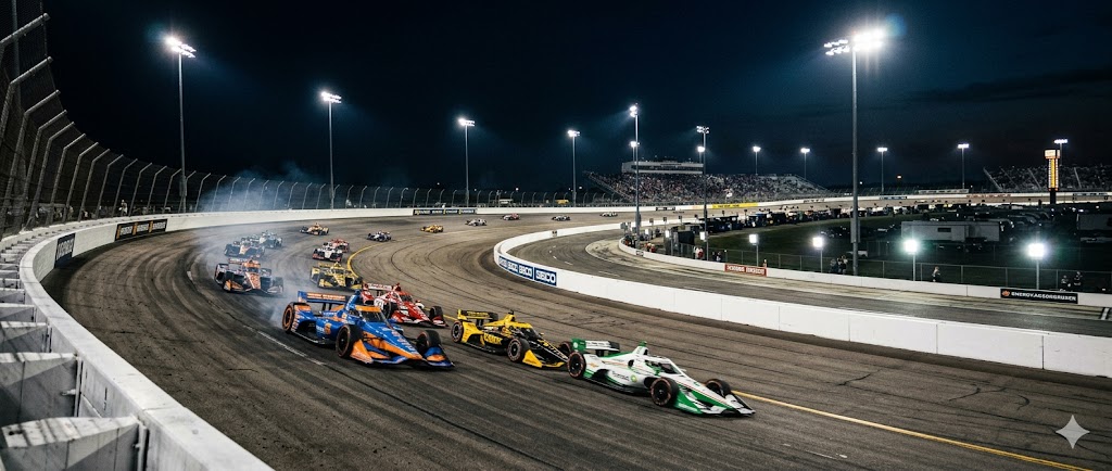 Tracciato ovale americano illuminato dai riflettori durante la notte, nel corso di una gara di IndyCar.