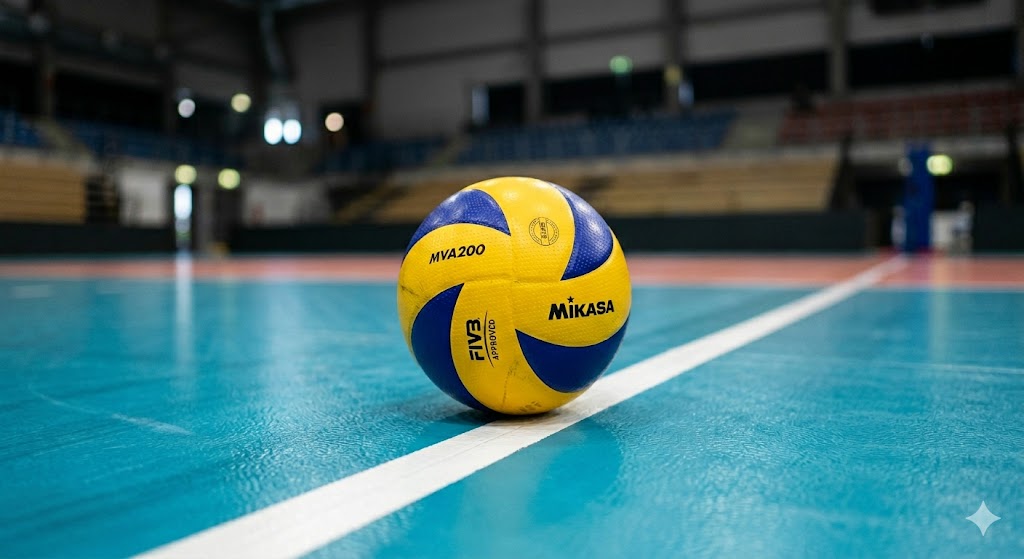 pallone da pallavolo ufficiale da competizione (giallo e blu) adagiato sulla linea bianca di un campo da gioco prima di Italia - Brasile