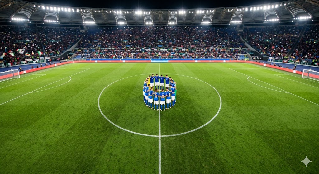 Nazionale italiana di calcio stretta in un abbraccio a centrocampo.