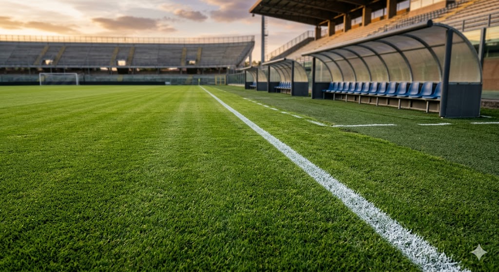 Dettaglio ravvicinato della linea di gesso bianca sul campo in erba dello stadio Arena Garibaldi di Pisa, prima di Italia - Serbia