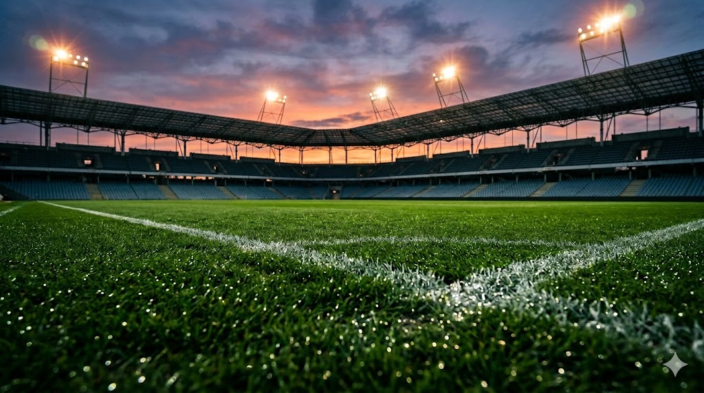 Campo da calcio in erba naturale illuminato dai riflettori dello stadio al tramonto a Tallinn prima della semifinale degli Europei U17.