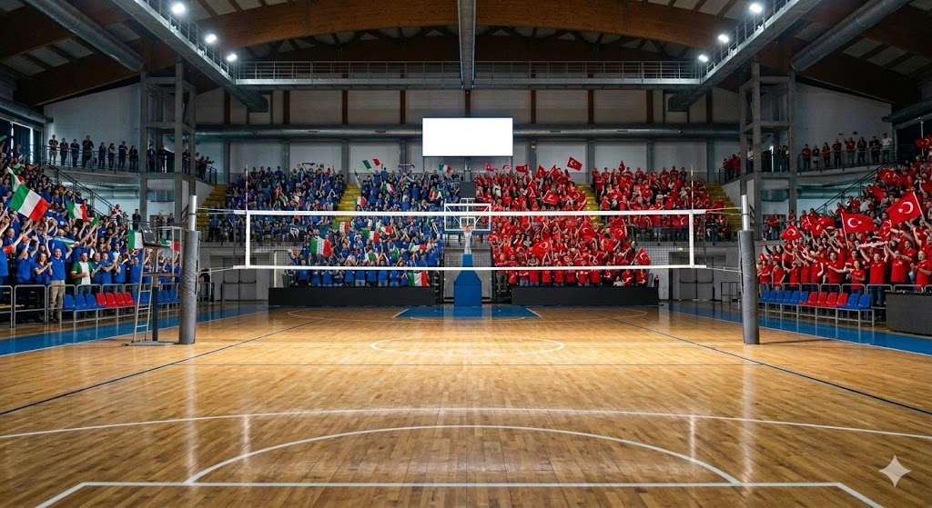 Impianto pieno di tifosi in attesa della partita tra Italia e Turchia valida per la VNL 2026.