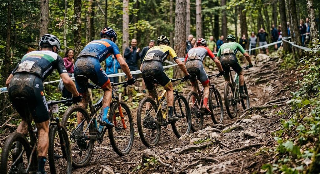 Atleti impegnati nella tappa di MTB a Lenzerheide.
