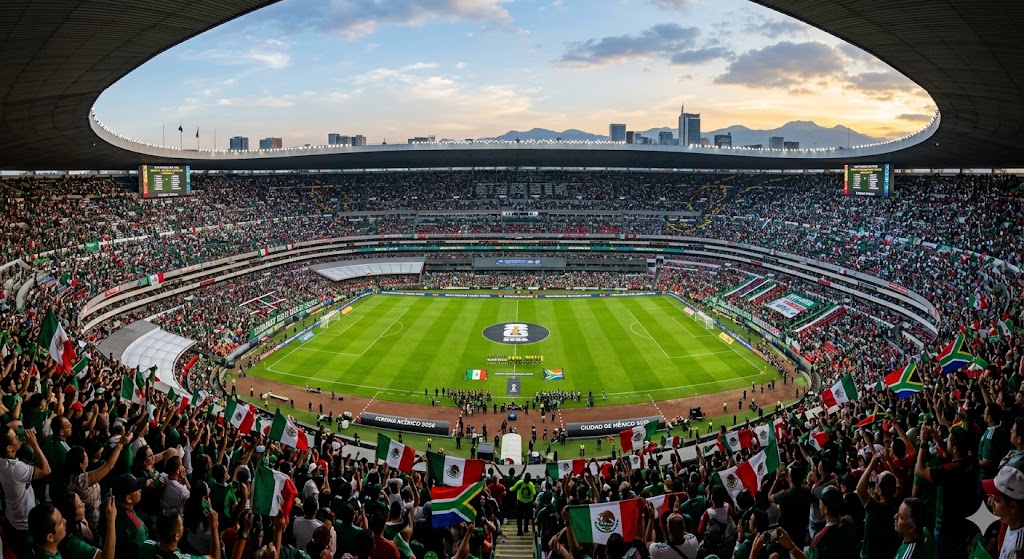Estadio Azteca di Città del Messico pieno di gente, in attesa di Messico - Sudafrica ai Mondiali di calcio 2026.