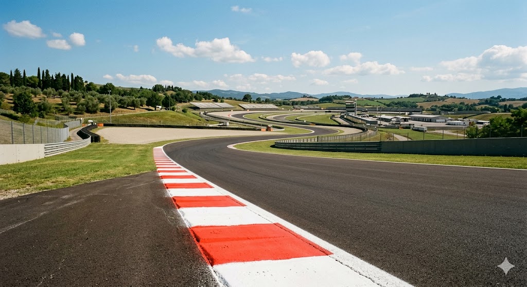 Dettaglio dell'asfalto e del cordolo sul rettilineo di un circuito motociclistico internazionale.