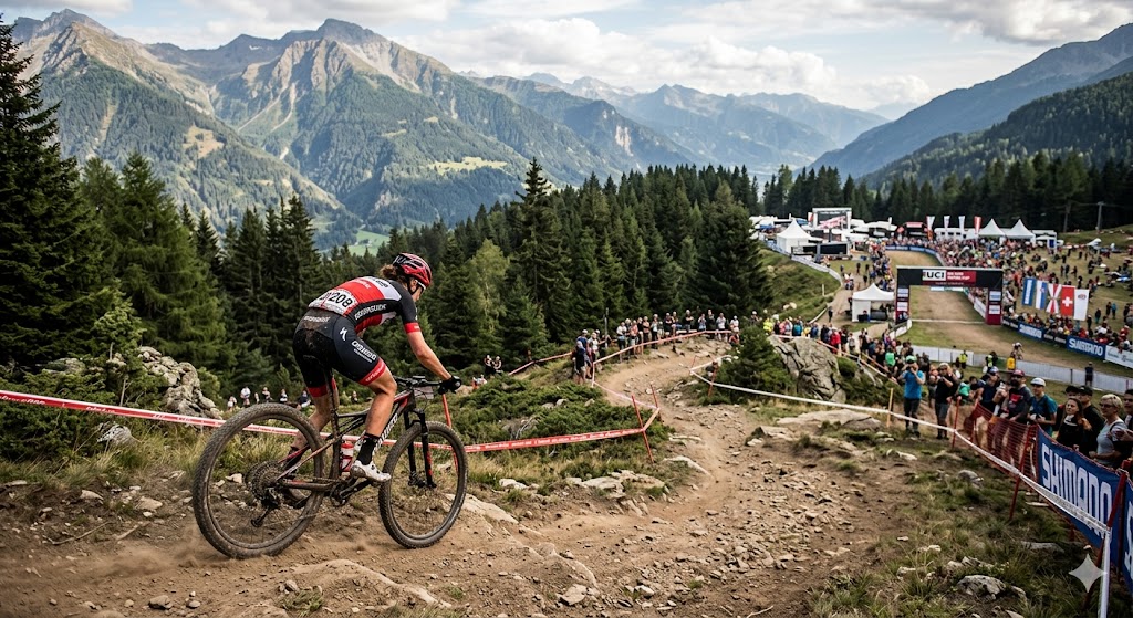 Atleta professionista ciclista di Cross-Country impegnato in una gara ufficiale.