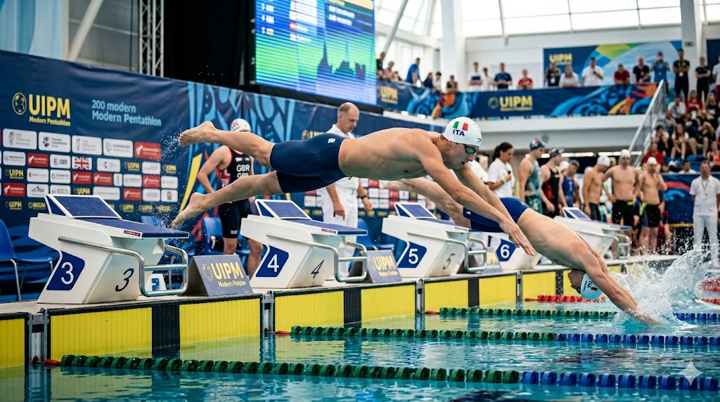 Atleti di Pentathlon impegnati nel segmento di nuoto.