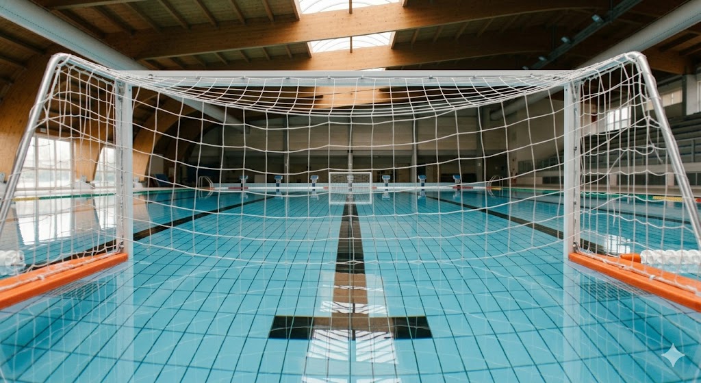 Porta da pallanuoto all'interno di una piscina olimpionica prima delle semifinali Playoff A1.
