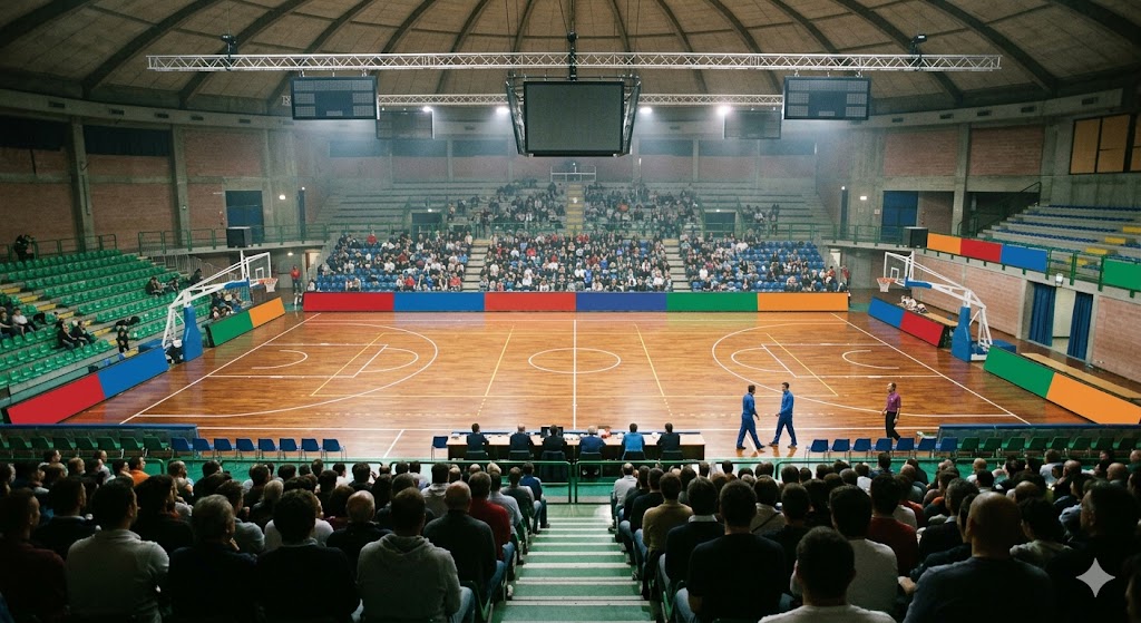 Impianto di Rimini in attesa di Gara 3 nella sfida contro Verona per la Finale Playoff di Basket A2.