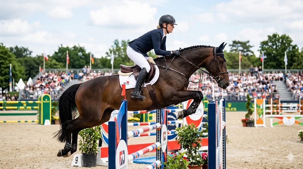 Atleta professionista impegnata nella tappa di Rotterdam del Salto a ostacoli.