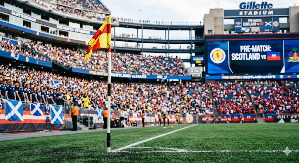 Ripresa ravvicinata di una bandierina del calcio d'angolo piantata sull'erba verde. Sullo sfondo le gradinate piene del Gillette Stadium sotto una luce diurna, in attesa del match tra scozia e Haiti.