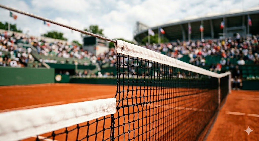 Rete da tennis ben tesa in mezzo a un campo in terra battuta rossa al Roland Garros.