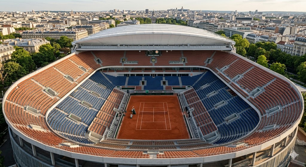 Campo centrale del Roland Garros pronto ad ospitare la semifinale del torneo maschile.