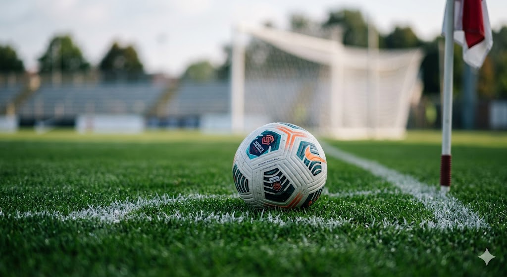 Pallone da calcio sull'erba vicino alla bandierina del calcio d'angolo prima di una partita ufficiale.