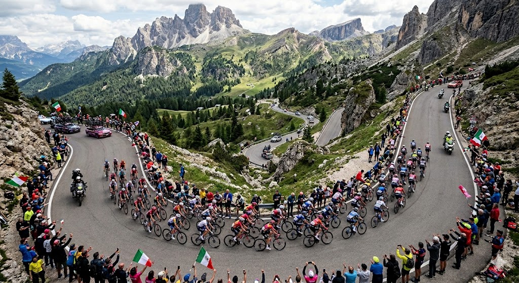 Plotone di cicliste professioniste, viste dall'alto, impegnate in una dura tappa di salita al Giro d'Italia Women.