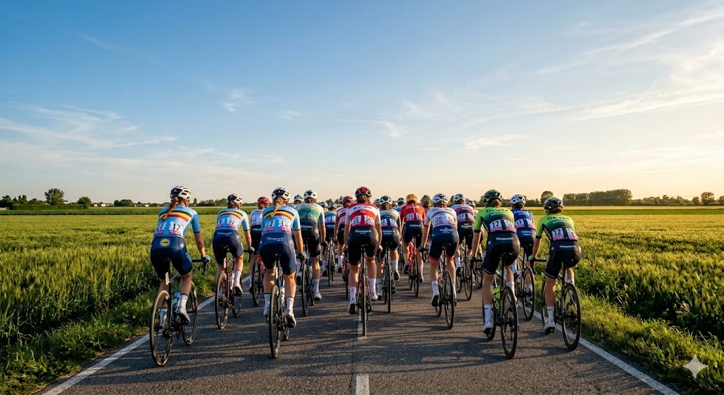 Strada asfaltata in pianura immersa nelle campagne emiliane sotto il sole estivo, plotone visto di spalle durante la Tappa 6 del Giro d'Italia Women 2026