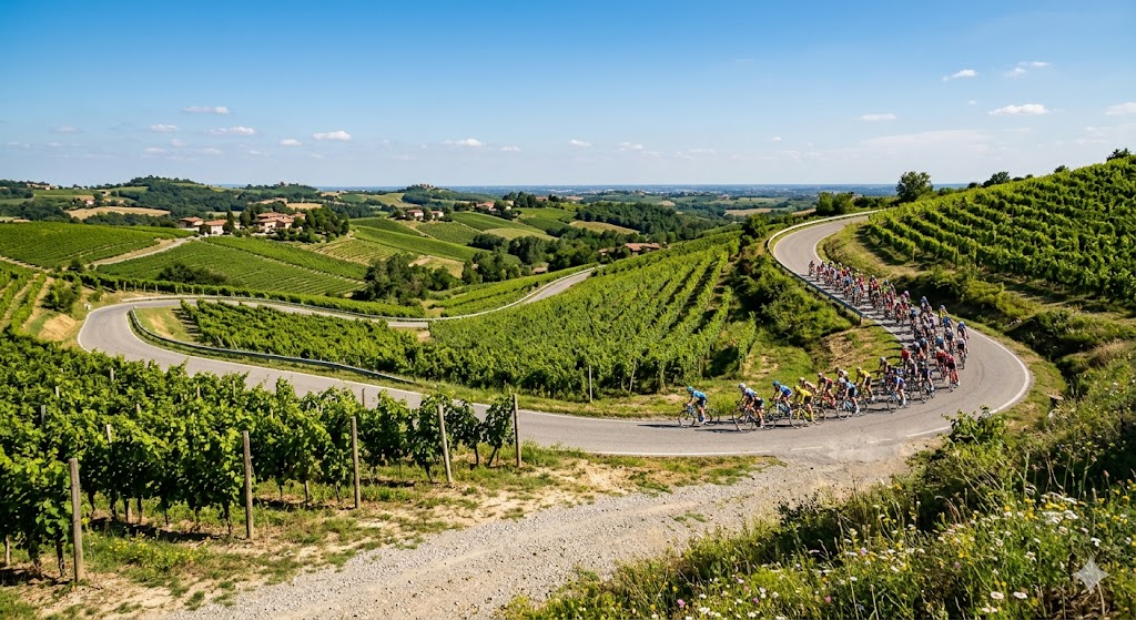 Fotografia a largo raggio di una strada collinare asfaltata e sinuosa che si snoda tra i vigneti verdeggianti dell'Oltrepò Pavese sotto un cielo estivo terso. Le curve della strada seguono il profilo della collina, illuminate dalla calda luce pomeridiana. Sullo sfondo, impegnato nella gara, un plotone di cicliste professioniste.