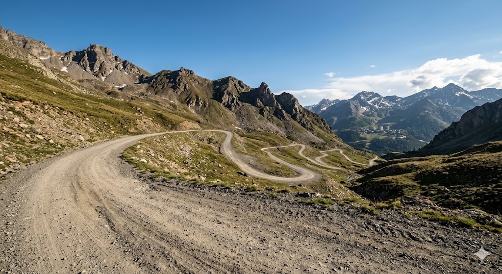 Tornante sterrato e polveroso di alta montagna circondato da boschi di conifere, rappresentativo della brutale salita del Colle delle Finestre.