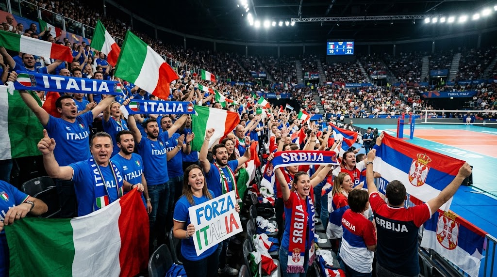Tifosi di Italia e Serbia festanti prima della partita di VNL 2026.