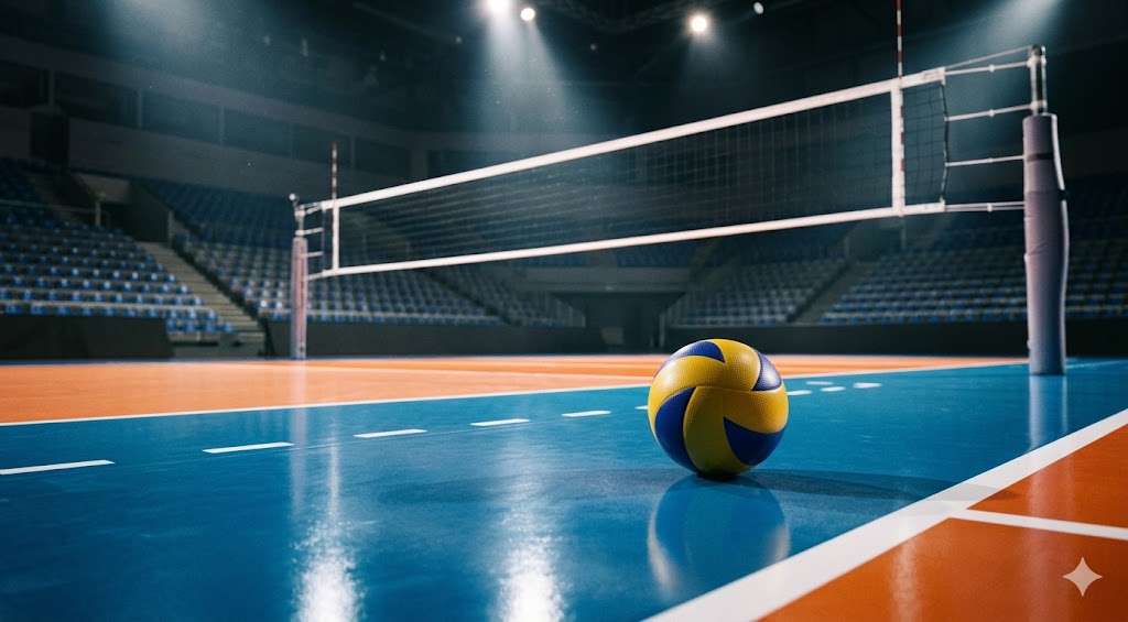 Campo da volley vuoto e pallone in primo piano in attesa della Week 1 della VNL 2026.