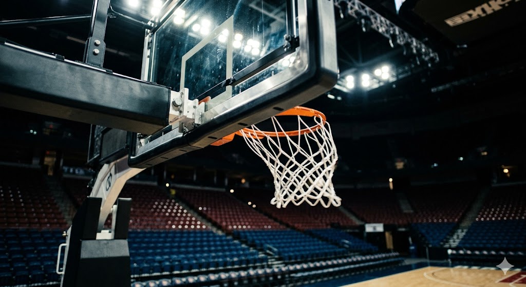 Una suggestiva inquadratura dal basso di un canestro da basket professionale con la retina che si muove, sullo sfondo i riflettori accesi di un palazzetto dello sport in attesa di Gara 4 delle Semifinali Playoff.