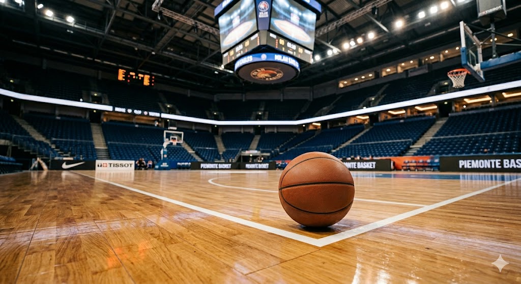 Pallone da basket fermo sul parquet illuminato di un palazzetto sportivo.