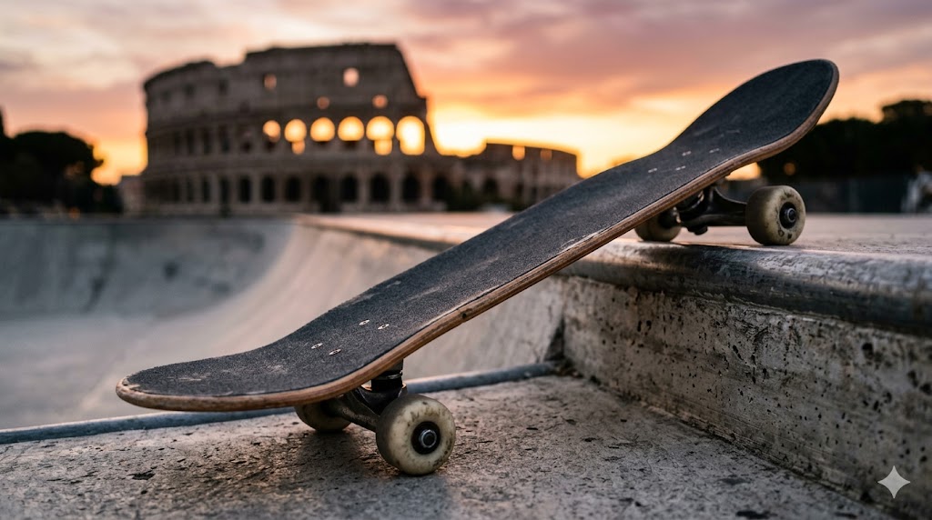 Skateboard con Roma sullo sfondo per il WST 2026.