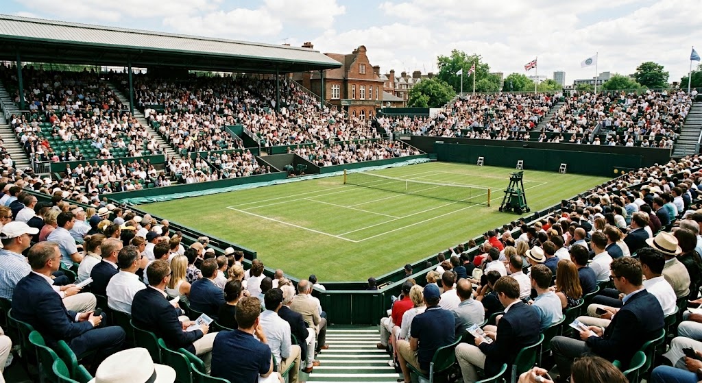 Queen's Club, Londra — Andy Murray Arena (campo centrale) visto dalla prospettiva del pubblico, mentre si attende la scesa in campo delle atlete prima del WTA 500 di Londra.