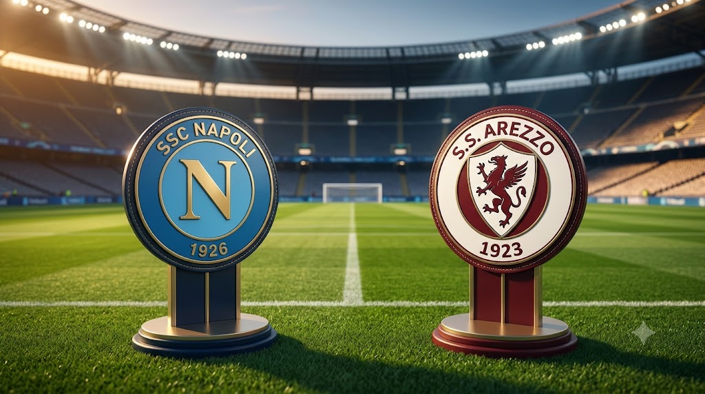Stemmi di Napoli e Arezzo per presentare l'amichevole.