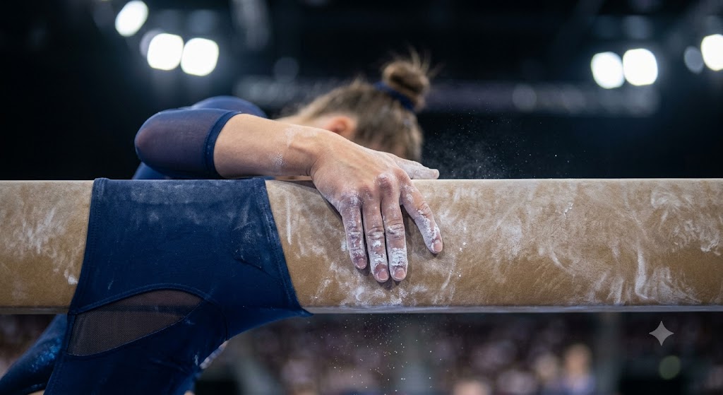 Trave e atleta sullo sfondo prima dei Campionati Italiani di ginnastica artistica.