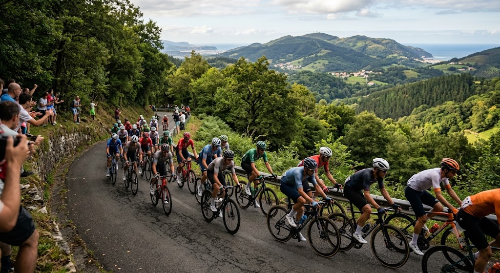 Classica San Sebastian 2026, gruppo compatto affronta uno strappo in salita.