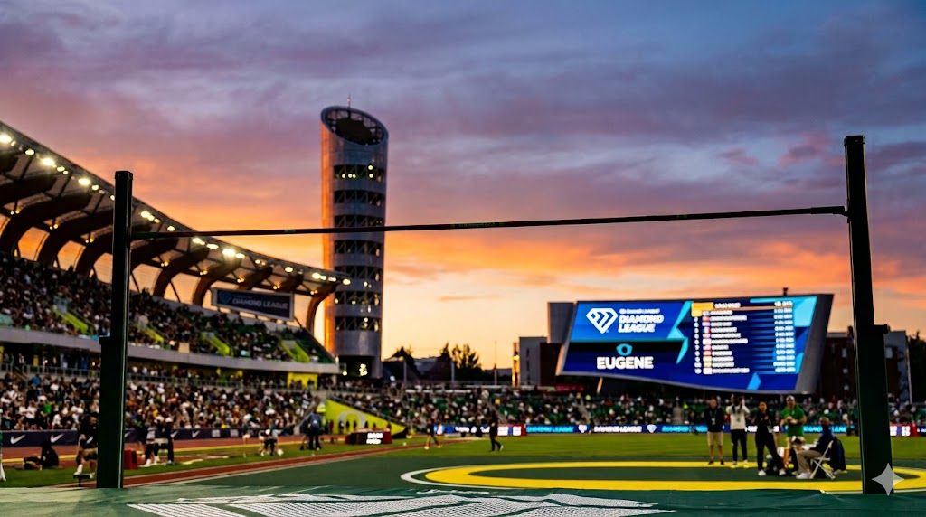 Panoramica dello stadio di Eugene pronto per la Diamond League 2026.