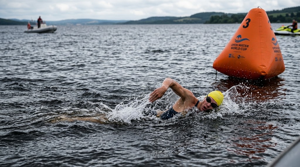 Atleta professionista durante una gara di nuoto di fondo.