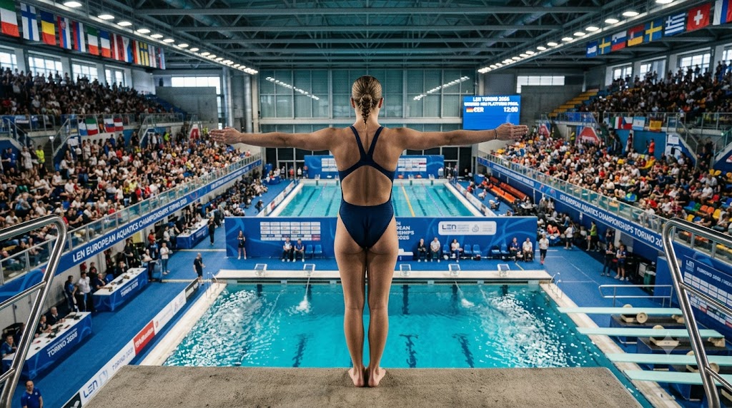 Europei Nuoto 2026 programma del 1 agosto con atleta pronta a tuffarsi.