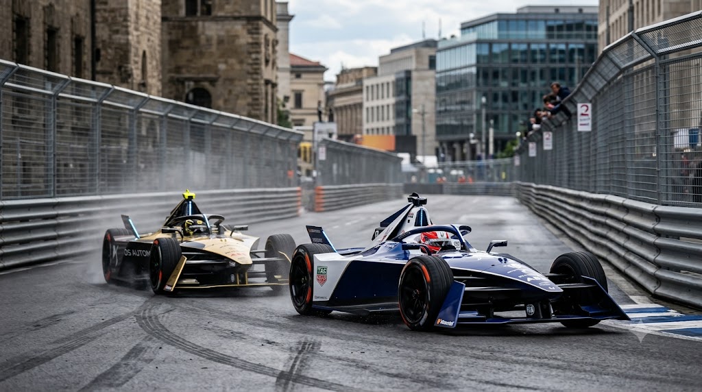Auto di Formula E gareggiano sul tracciato di Tokyo.