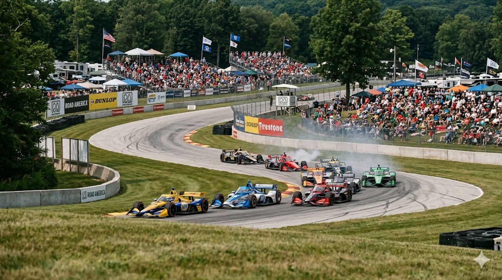 Macchine della Indycar impegnate in un gran premio.