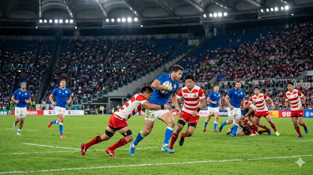 L'Italia sfida il Giappone in un match di rugby internazionale.