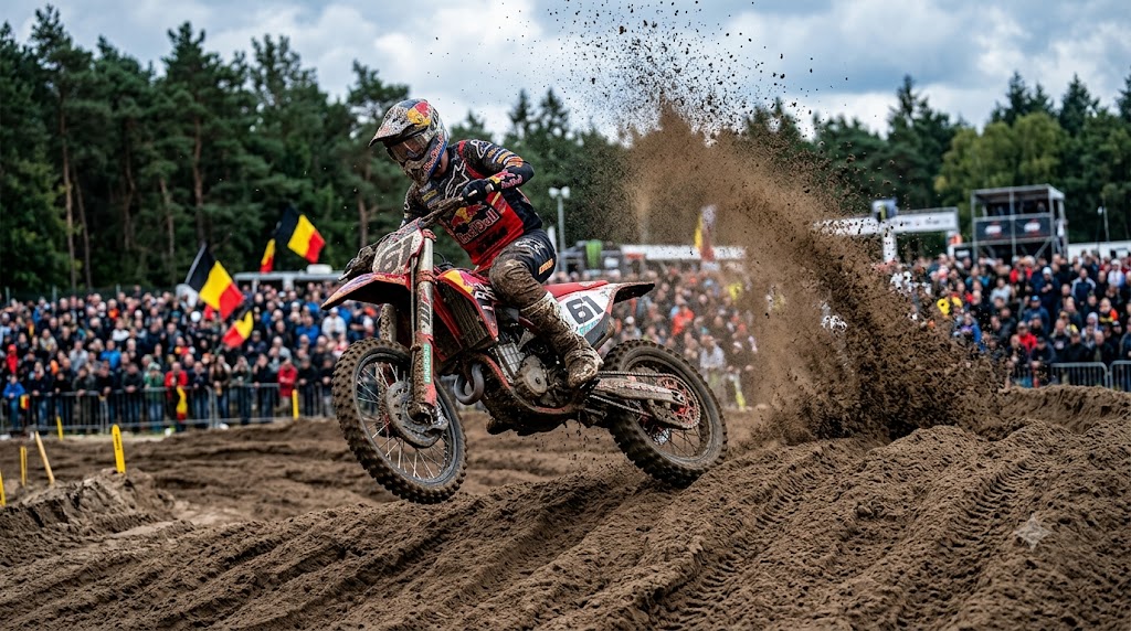 MXGP Belgio 2026, moto in pista dopo curva a gomito.