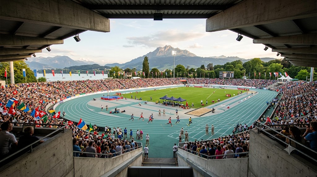 Visuale panoramica del meeting di atletica di Lucerna 2026.