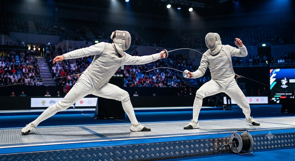 Schermidori si affrontano in pedana ai Mondiali di scherma di Hong Kong.