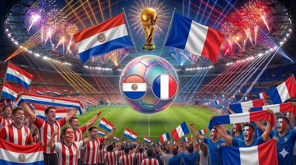 Tifosi scalmanati sugli spalti prima del match tra Paraguay e Francia.