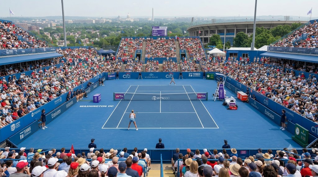 Potapova Venus Williams Washington 2026, giocatrici in campo sul centrale.