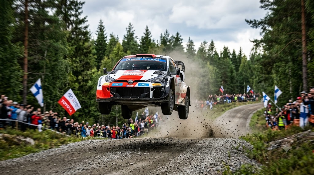 Auto da rally salta in modo spettacolare sullo sterrato durante il Rally di Finlandia 2026