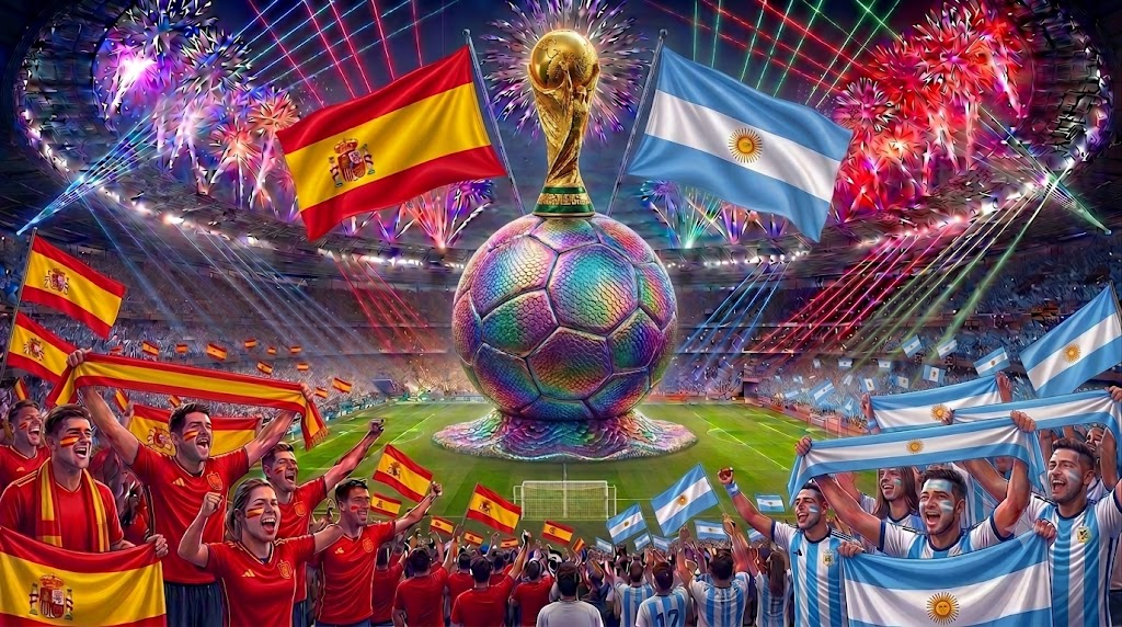 Tifosi sugli spalti prima della finale dei Mondiali di calcio 2026 tra Spagna e Argentina.